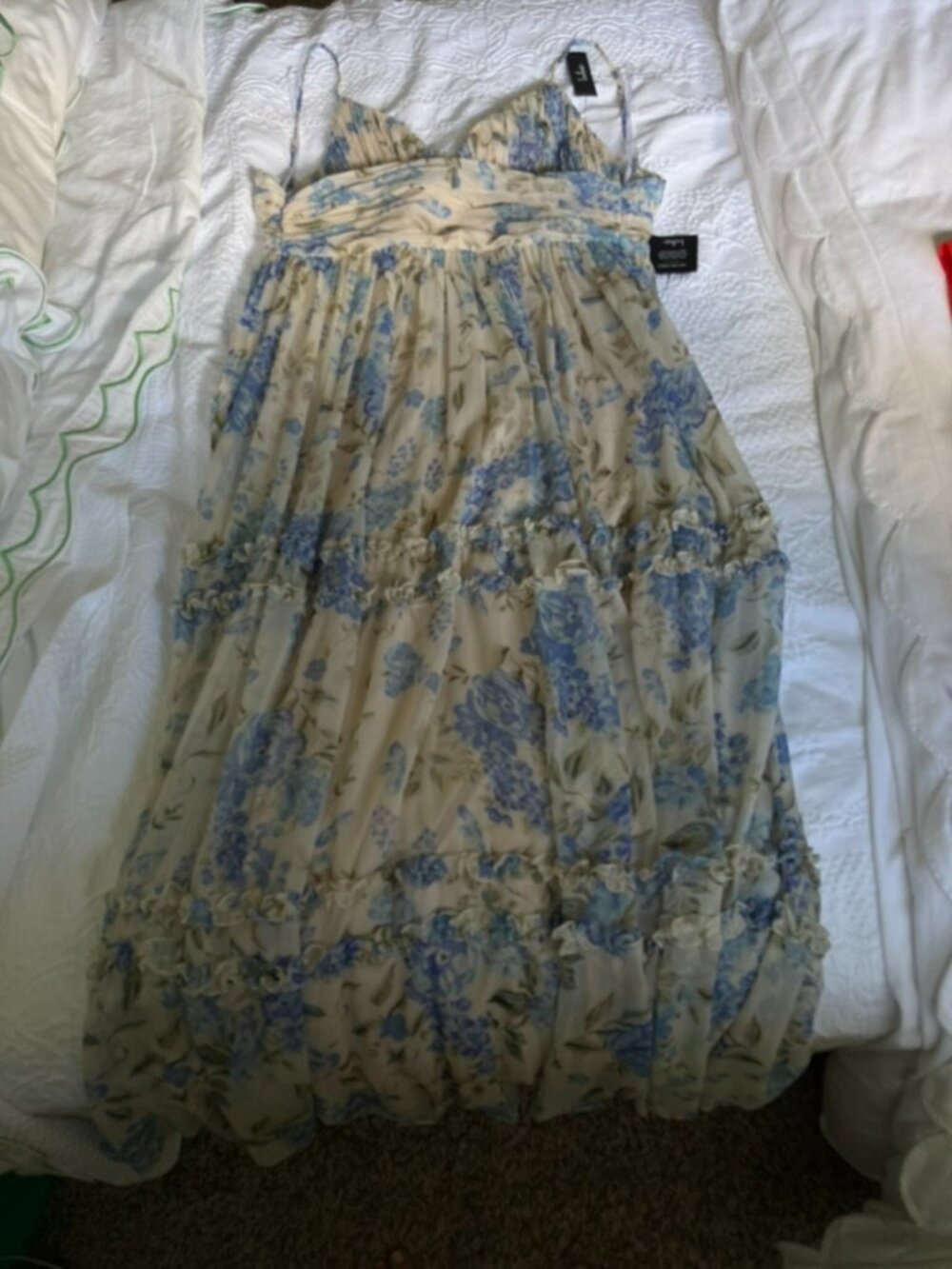 Niora Beige and Blue Floral Pleated Maxi Dress Lulus